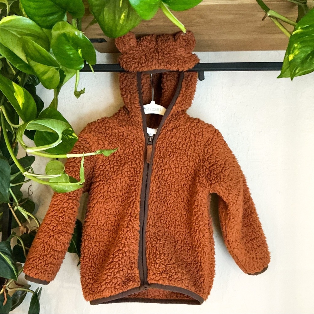 KIDS: Okie Dokie Orange Fuzzy Bear Hoodie Zip Up Sweater